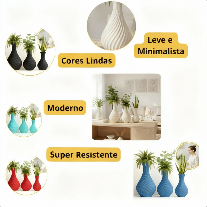 Kit 3 Vasos Espiral Moderna Elegante Luxo Decoração Interna Trio Decorativo Estilo Escandinavo Clean